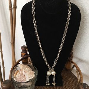 MACY’S Oversized Silver Tone and Faux Pearl Tassle Necklace